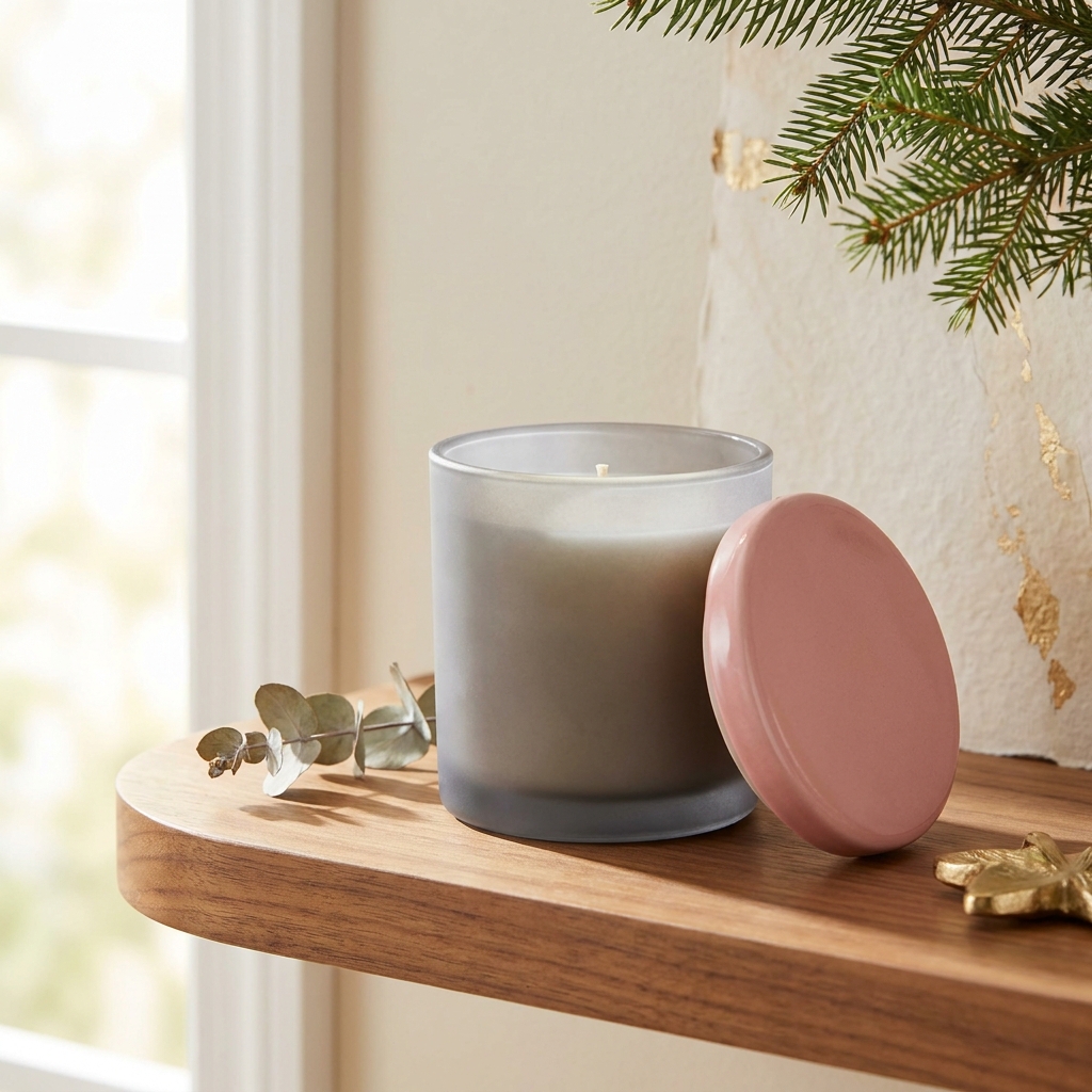 Candela Boy Smells con il suo caratteristico coperchio rosa su una mensola moderna