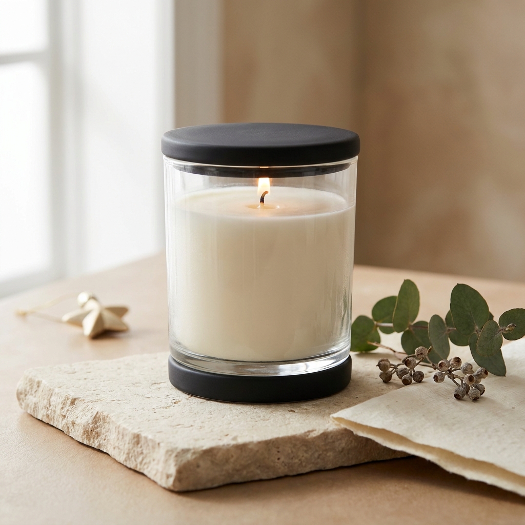 Candela Byredo in un contenitore minimalista su una superficie di marmo