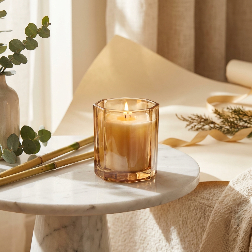 Candela NEST New York Bamboo in un contenitore di vetro sfaccettato su un tavolino