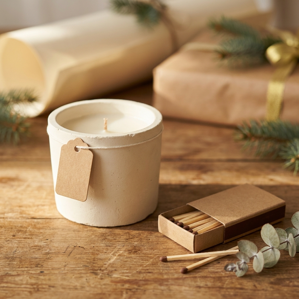 Candela Paddywax Hygge in un contenitore di cemento accanto a una scatola di fiammiferi