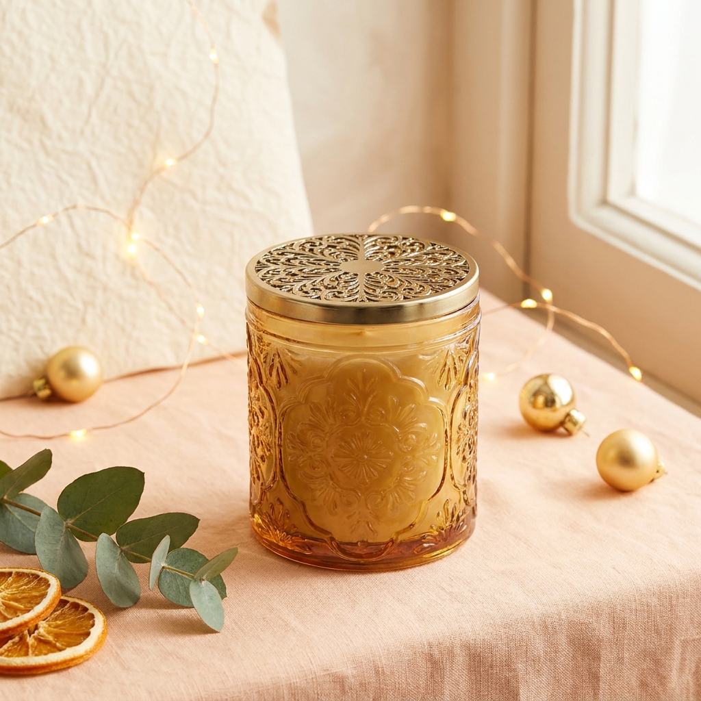 Candela Voluspa Baltic Amber in un barattolo di vetro ornato e in rilievo