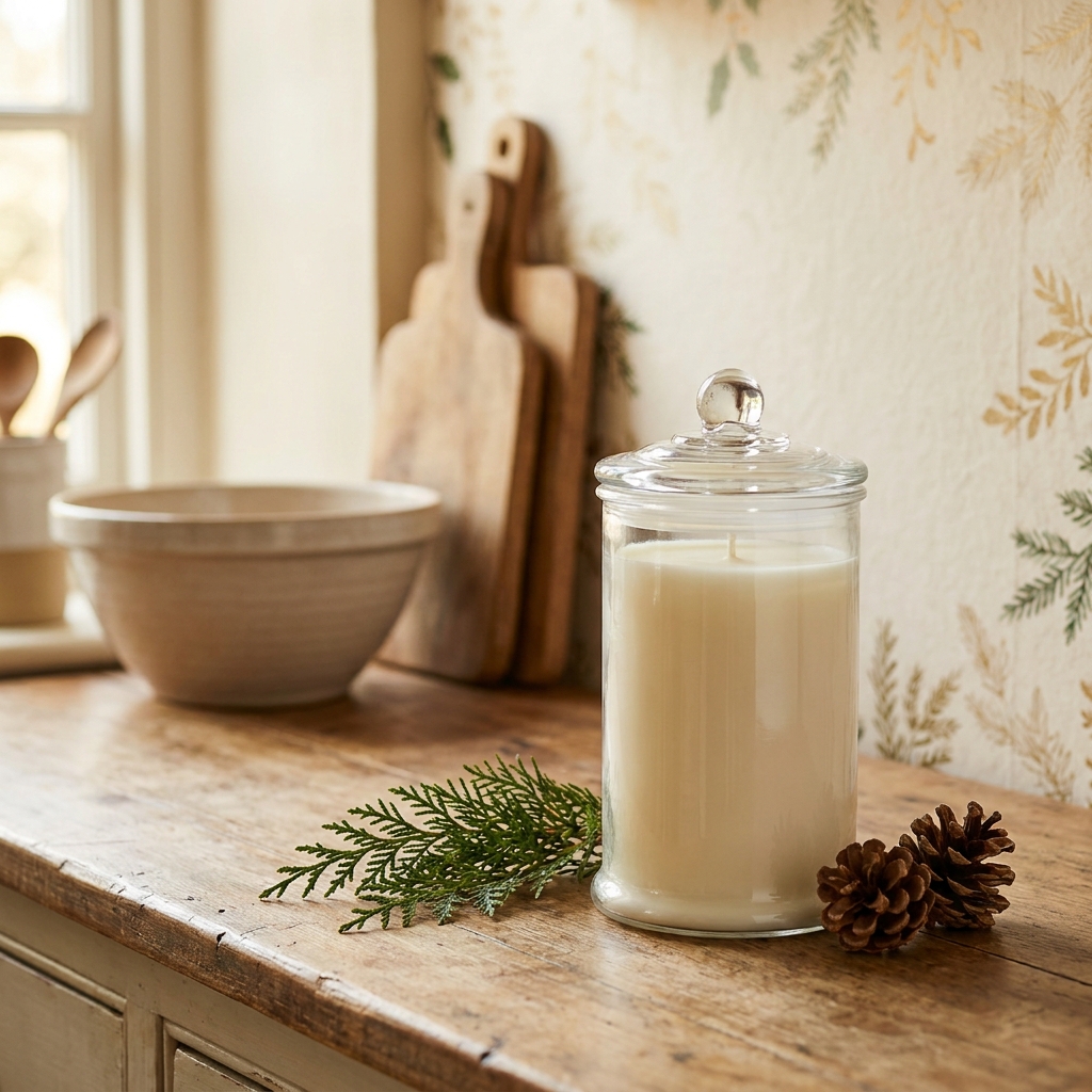 Classico barattolo Yankee Candle con profumo di balsamo e cedro su un piano da cucina